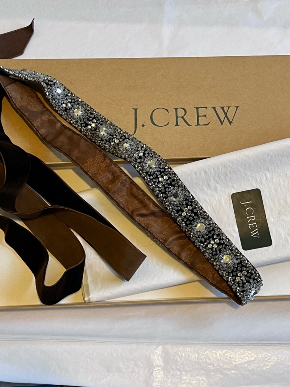 J. Crew Beaded Jeweled Sash Belt in Chocolate Brown Velvet with Clear Beads